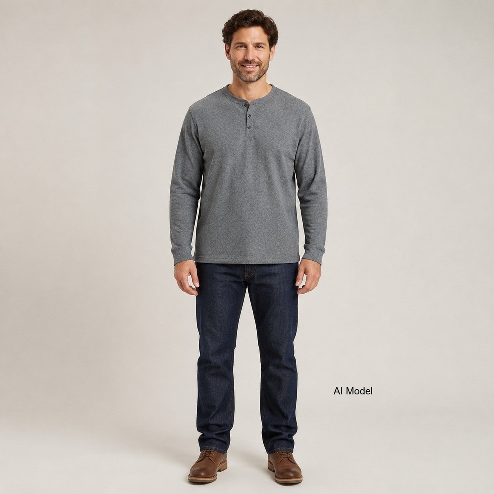 Waffle Knit Henley Shirt Mens Large Gray Long Sleeve Cotton & Co Layering